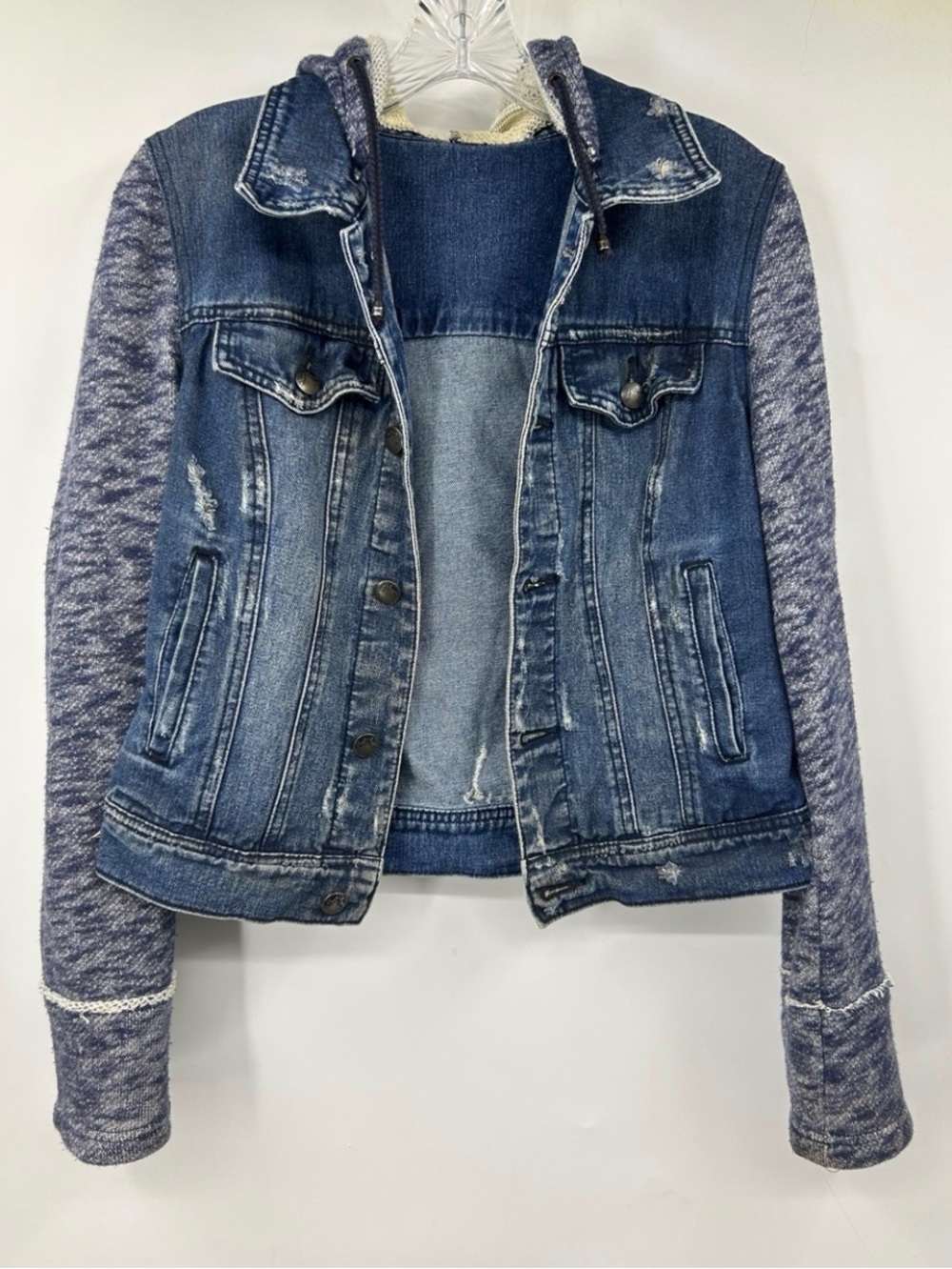 Free People Blue Denim Hooded Jacket Heathered Knit Sleeves Size S